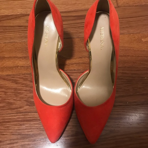 Orange semi pointy suede mini heel shoe. - Picture 2 of 3